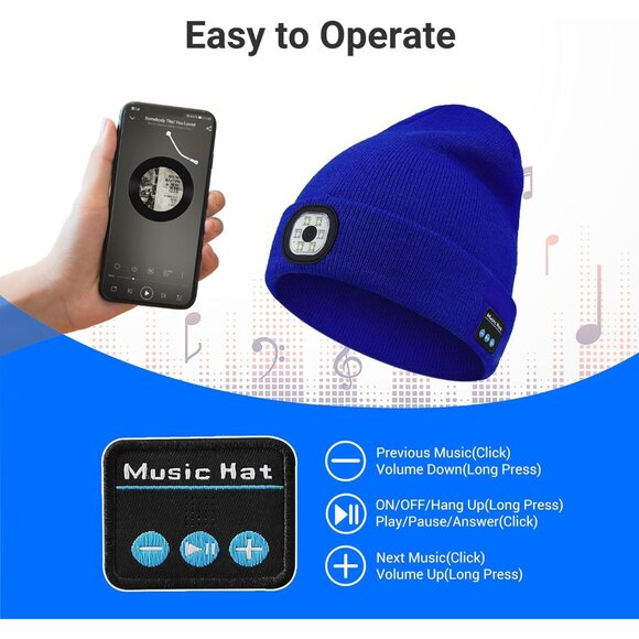 Bluetooth Beanie with Light, Beanie with LED and Bluetooth Headphones, Rechargea - Picture 4 of 7